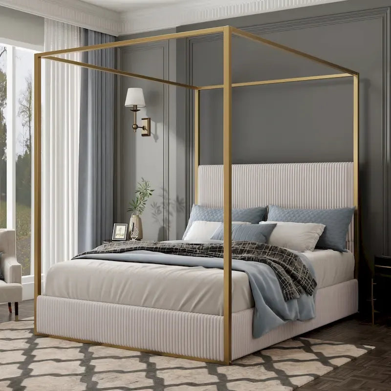 Lit à baldaquin contemporain capitonné en velours côtelé avec tête de lit haute et cadre métallique épuré