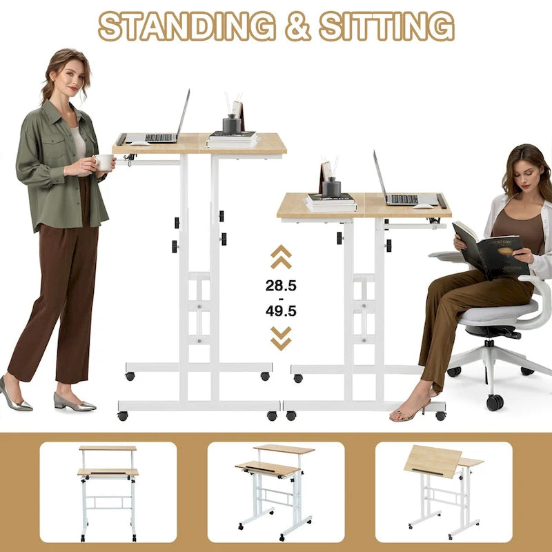 Pupitres roulants portables de 49,5 pouces, petits bureaux debout réglables en hauteur, bureaux debout mobiles avec roulettes
