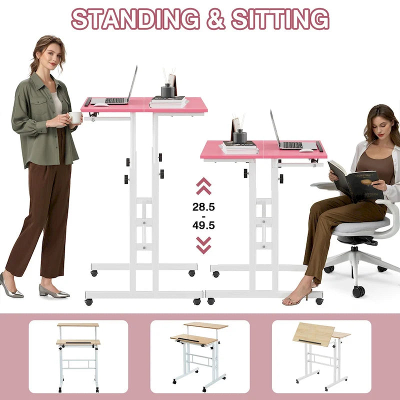 Pupitres roulants portables de 49,5 pouces, petits bureaux debout réglables en hauteur, bureaux debout mobiles avec roulettes