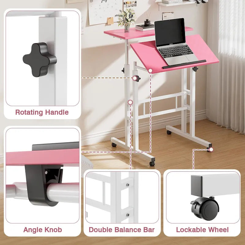 Pupitres roulants portables de 49,5 pouces, petits bureaux debout réglables en hauteur, bureaux debout mobiles avec roulettes