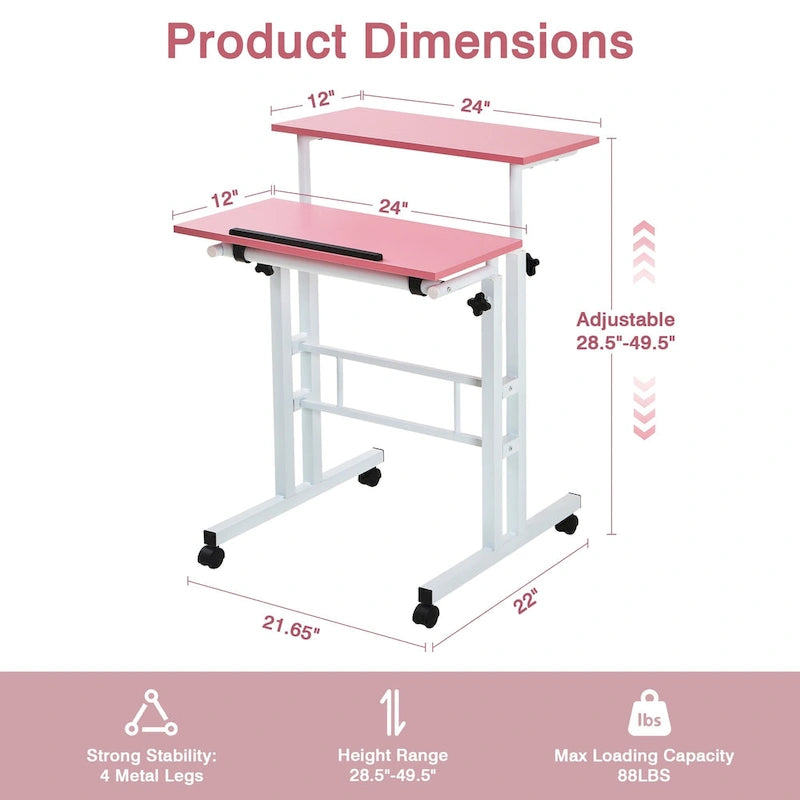 Pupitres roulants portables de 49,5 pouces, petits bureaux debout réglables en hauteur, bureaux debout mobiles avec roulettes