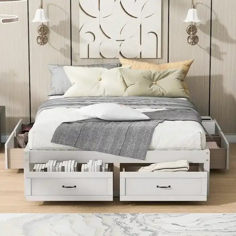 Lit plate-forme Queen Size avec 6 tiroirs de rangement