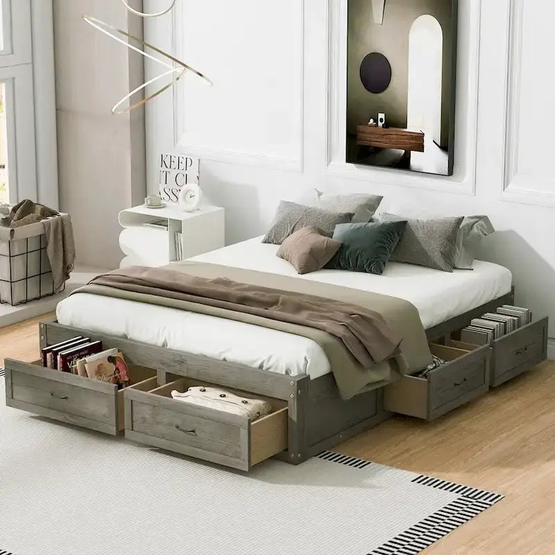 Lit plate-forme Queen Size avec 6 tiroirs de rangement