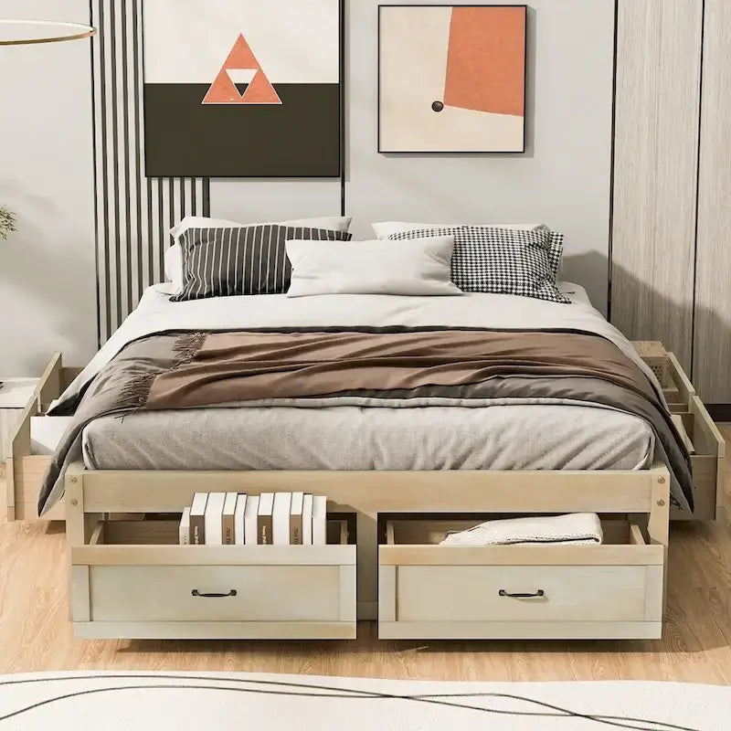 Lit plate-forme Queen Size avec 6 tiroirs de rangement