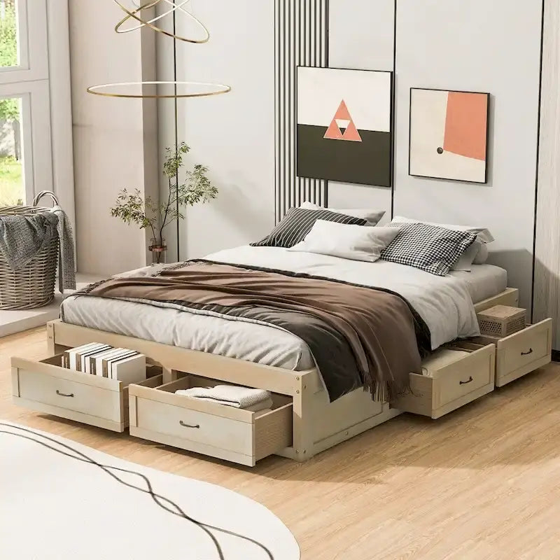Lit plate-forme Queen Size avec 6 tiroirs de rangement