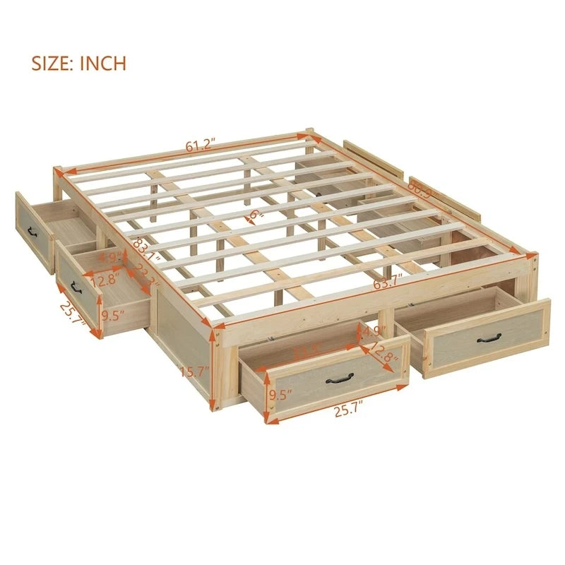 Lit plate-forme Queen Size avec 6 tiroirs de rangement