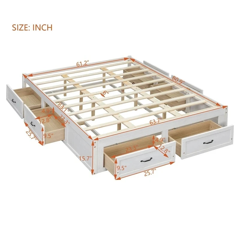 Lit plate-forme Queen Size avec 6 tiroirs de rangement