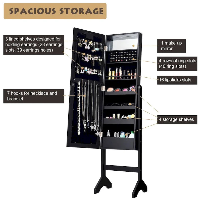 Costway Armoire à bijoux avec miroir et 18 lumières LED Noir