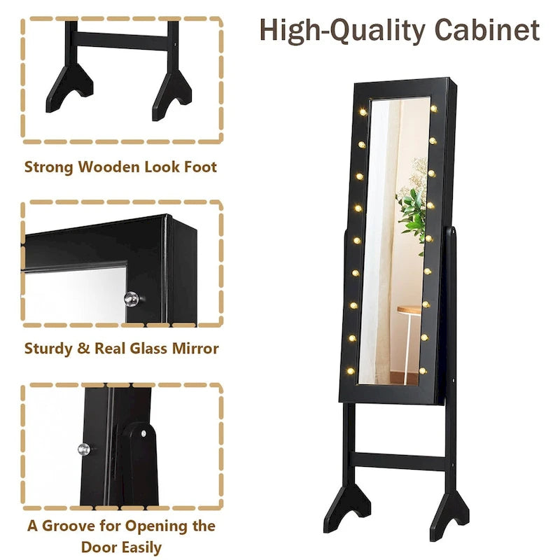 Costway Armoire à bijoux avec miroir et 18 lumières LED Noir