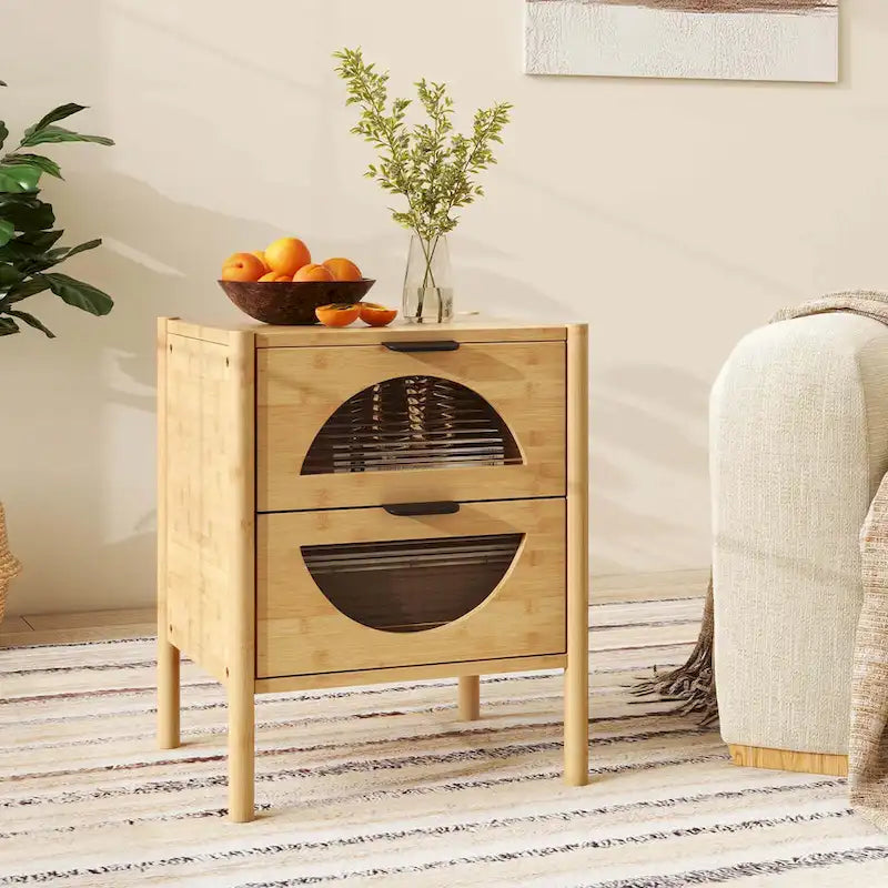 Costway Table de chevet 1/2 pièce en bambou avec 2 tiroirs de rangement et cannelée