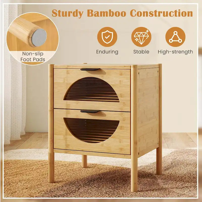 Costway Table de chevet 1/2 pièce en bambou avec 2 tiroirs de rangement et cannelée