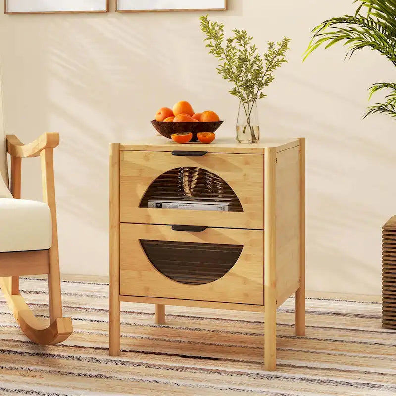 Costway Table de chevet 1/2 pièce en bambou avec 2 tiroirs de rangement et cannelée