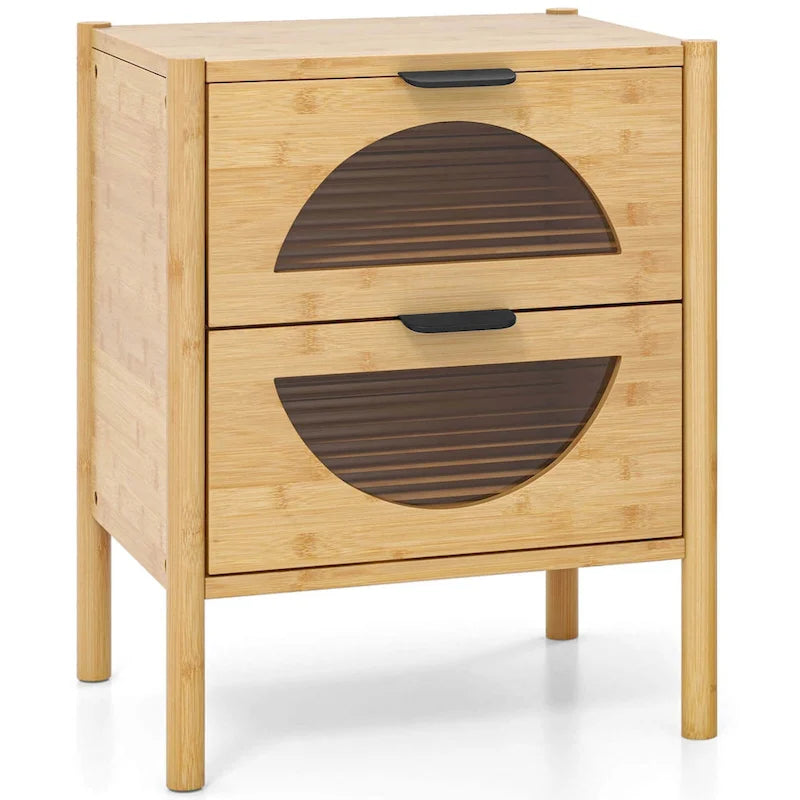 Costway Table de chevet 1/2 pièce en bambou avec 2 tiroirs de rangement et cannelée