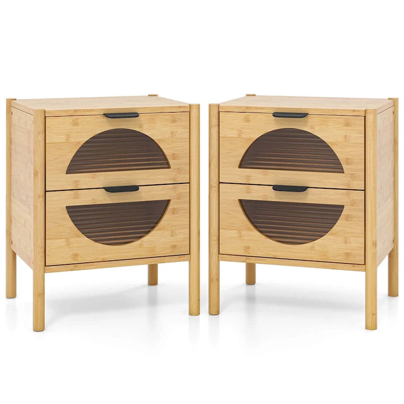 Costway Table de chevet 1/2 pièce en bambou avec 2 tiroirs de rangement et cannelée