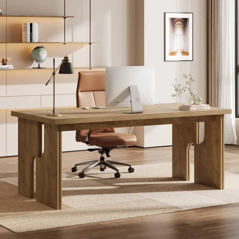 Bureau de direction de 63 pouces, bureau d'ordinateur de style ferme avec pieds uniques, mobilier de bureau industriel pour le bureau à domicile