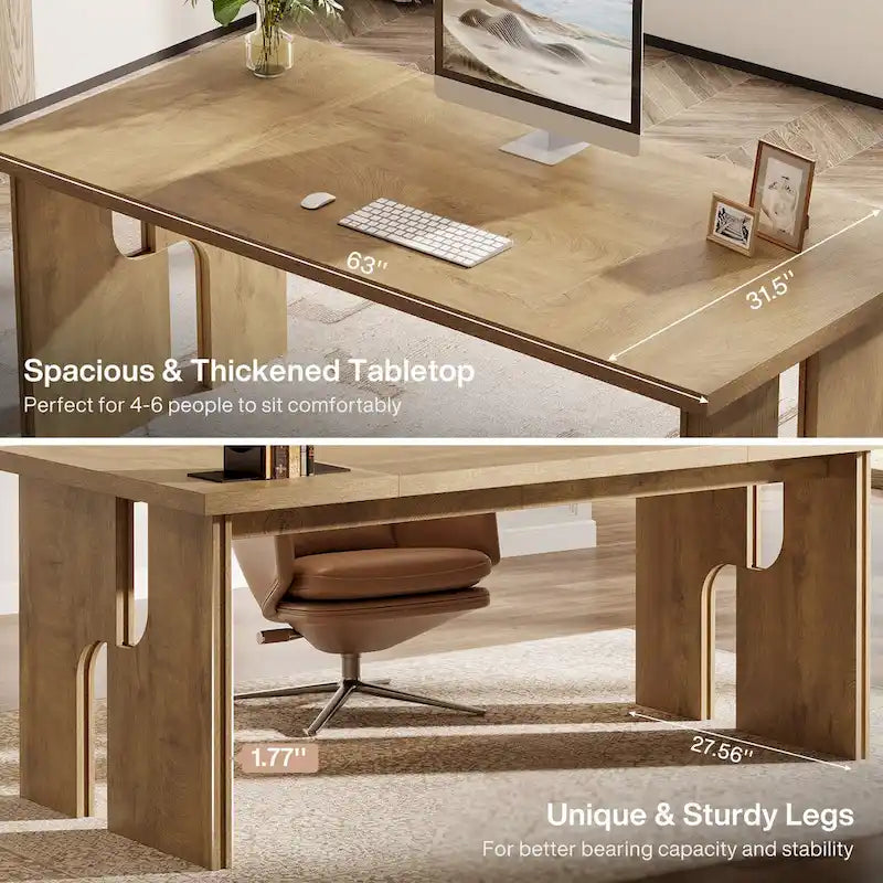 Bureau de direction de 63 pouces, bureau d'ordinateur de style ferme avec pieds uniques, mobilier de bureau industriel pour le bureau à domicile