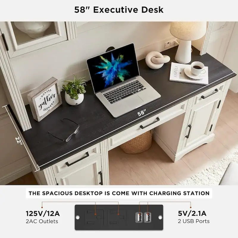 Bureau d'ordinateur de ferme avec huche, bureau d'ordinateur avec station de charge