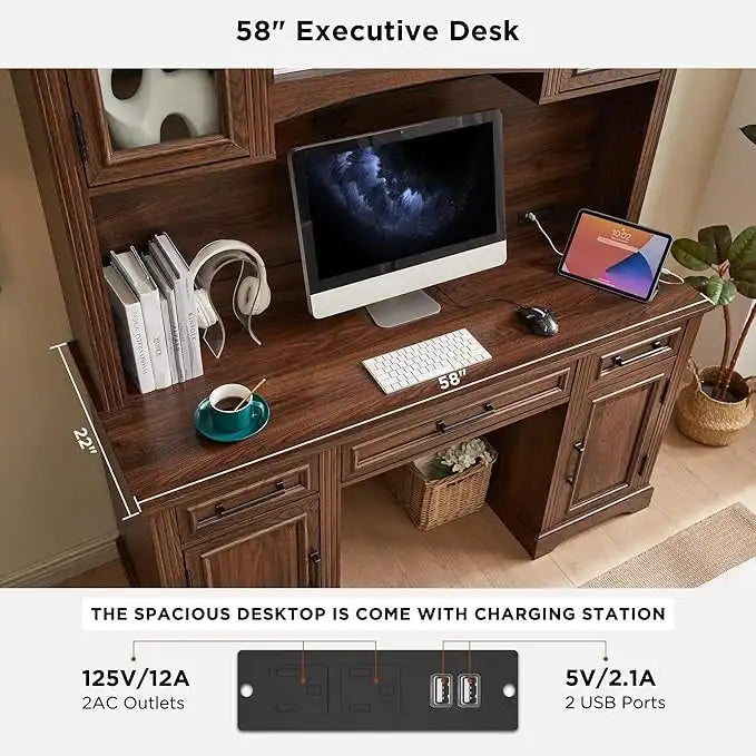 Bureau d'ordinateur de ferme avec huche, bureau d'ordinateur avec station de charge