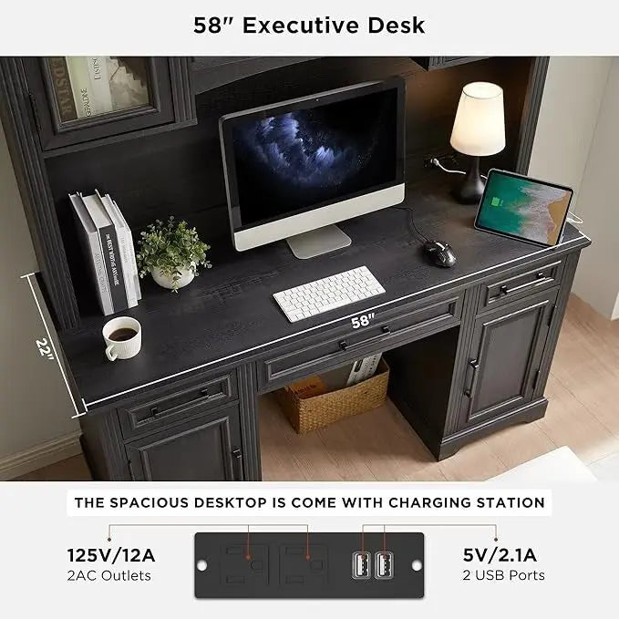 Bureau d'ordinateur de ferme avec huche, bureau d'ordinateur avec station de charge