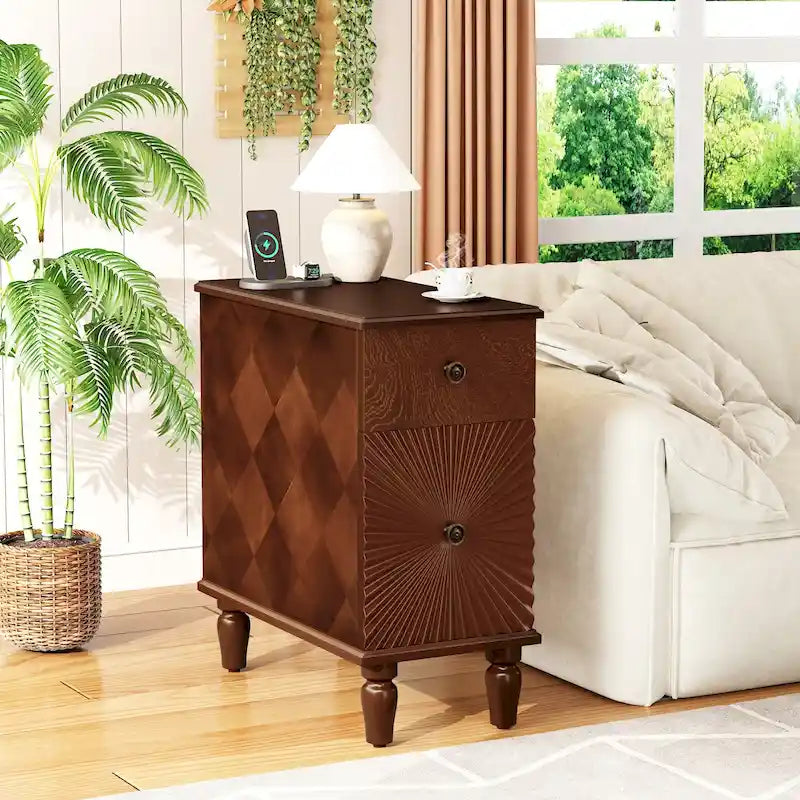 Table d'appoint de canapé moderne à 2 tiroirs, table d'appoint étroite en bois massif, table de chevet mince pour salon, chambre à coucher