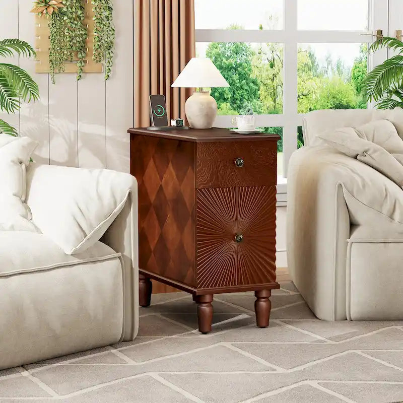 Table d'appoint de canapé moderne à 2 tiroirs, table d'appoint étroite en bois massif, table de chevet mince pour salon, chambre à coucher