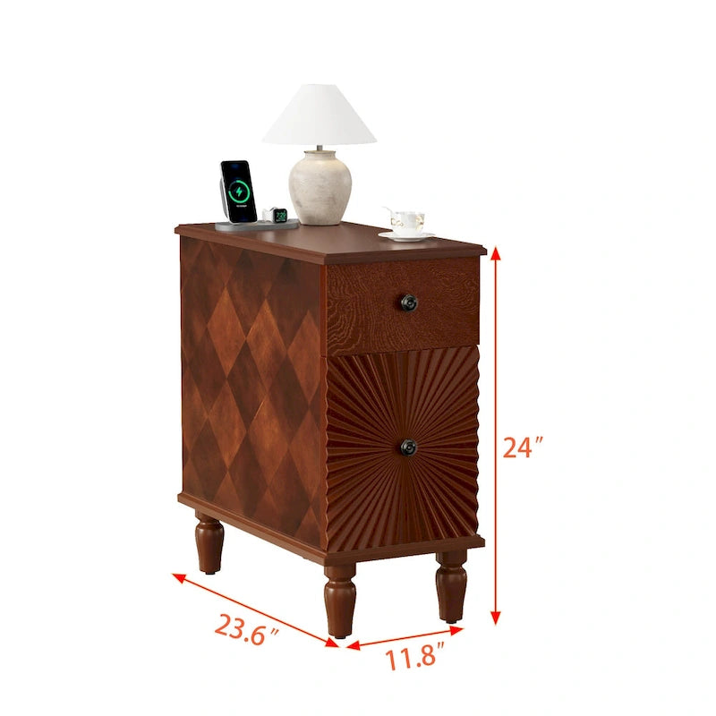 Table d'appoint de canapé moderne à 2 tiroirs, table d'appoint étroite en bois massif, table de chevet mince pour salon, chambre à coucher