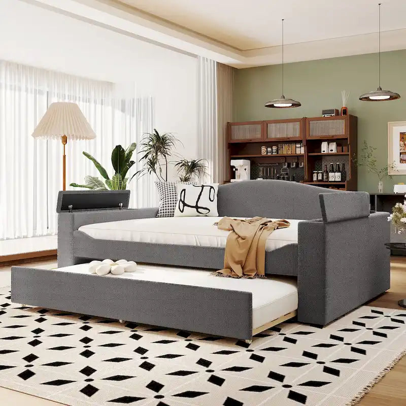 Lit de repos capitonné pour une personne avec accoudoirs de rangement, lit gigogne et système audio Bluetooth intégré dernière génération, en molleton doux, beige