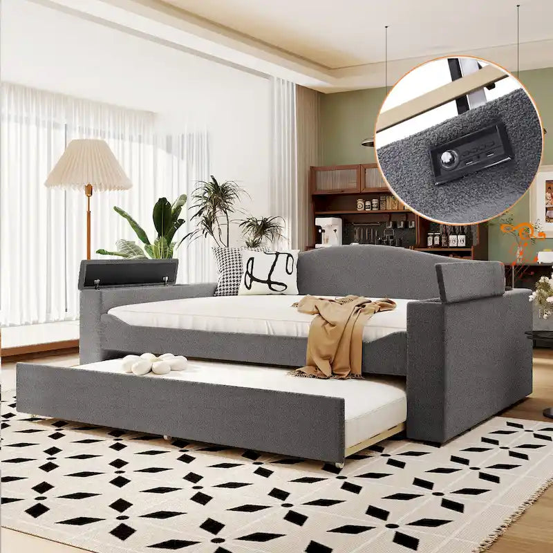 Twin Size Upholstered Daybed with Storage Armrests, Trundle and Latest Integrated Bluetooth Audio System, Teddy Fleece, Beige