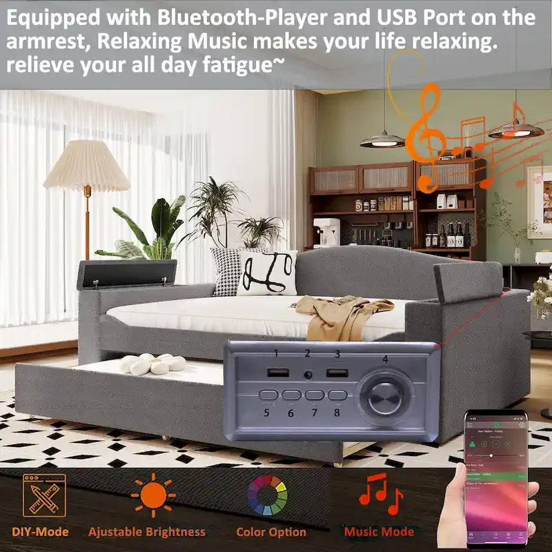 Lit de repos capitonné pour une personne avec accoudoirs de rangement, lit gigogne et système audio Bluetooth intégré dernière génération, en molleton doux, beige