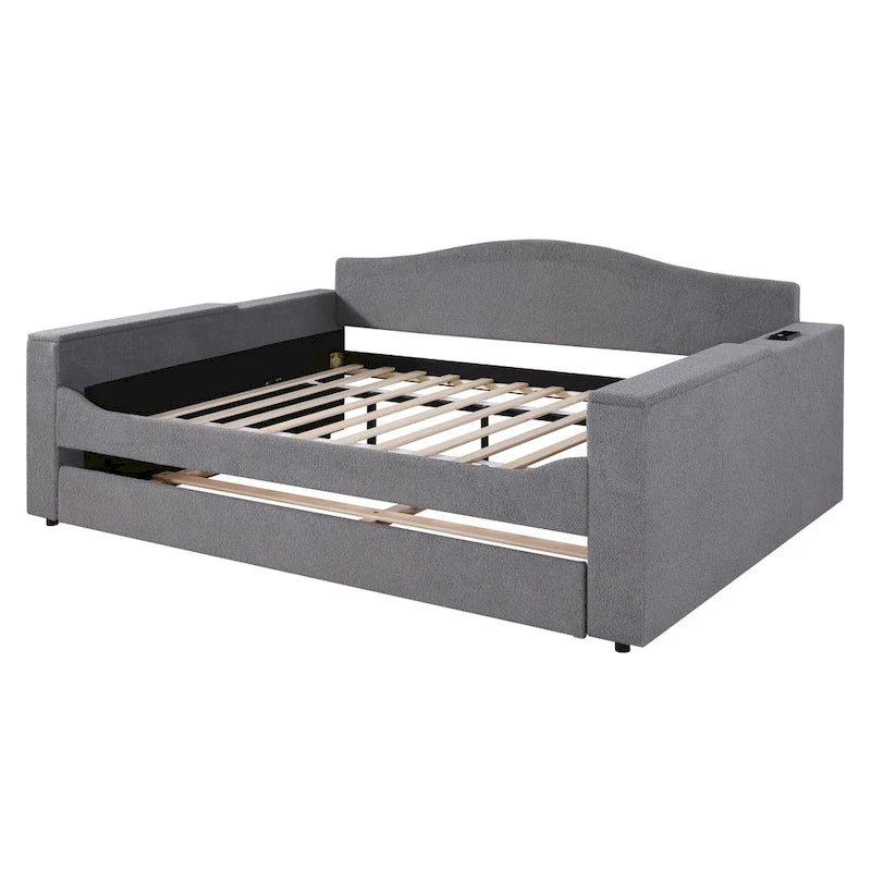 Lit de repos capitonné pour une personne avec accoudoirs de rangement, lit gigogne et système audio Bluetooth intégré dernière génération, en molleton doux, beige