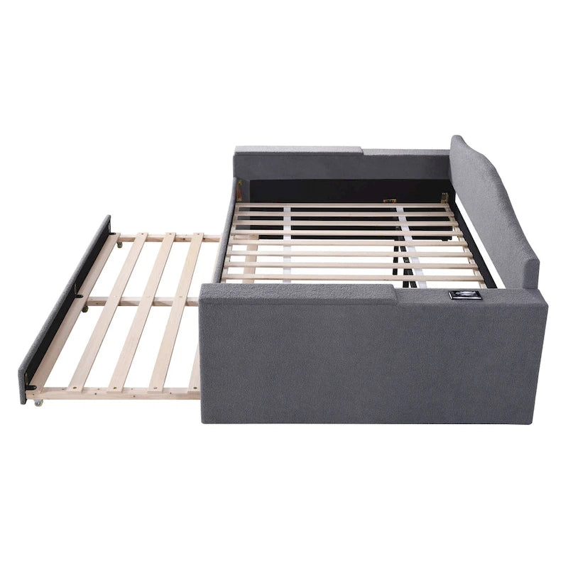 Lit de repos capitonné pour une personne avec accoudoirs de rangement, lit gigogne et système audio Bluetooth intégré dernière génération, en molleton doux, beige