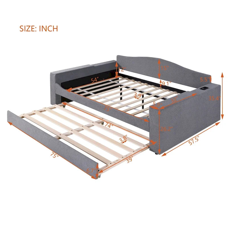 Lit de repos capitonné pour une personne avec accoudoirs de rangement, lit gigogne et système audio Bluetooth intégré dernière génération, en molleton doux, beige