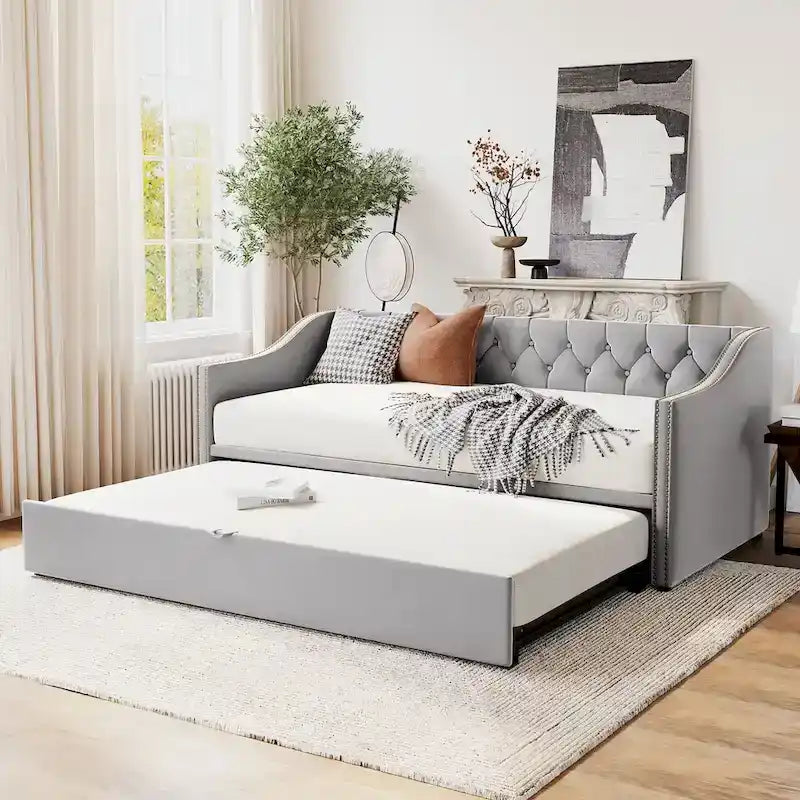 Lit de repos capitonné pour lit jumeau avec lit gigogne escamotable, gris