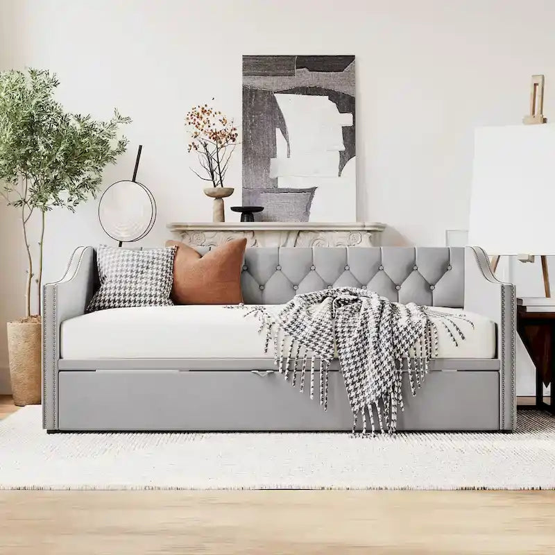 Lit de repos capitonné pour lit jumeau avec lit gigogne escamotable, gris