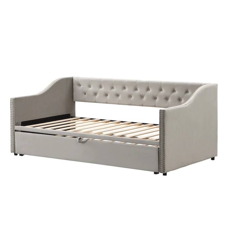 Lit de repos capitonné pour lit jumeau avec lit gigogne escamotable, gris