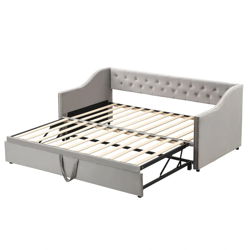 Lit de repos capitonné pour lit jumeau avec lit gigogne escamotable, gris