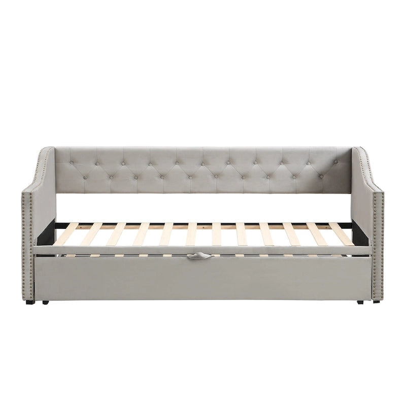 Lit de repos capitonné pour lit jumeau avec lit gigogne escamotable, gris