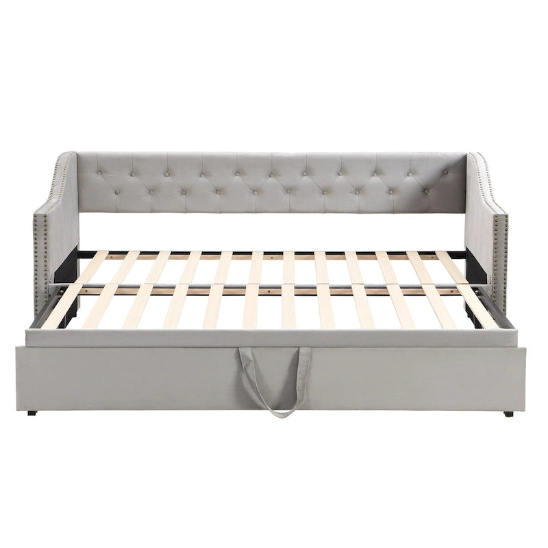 Lit de repos capitonné pour lit jumeau avec lit gigogne escamotable, gris