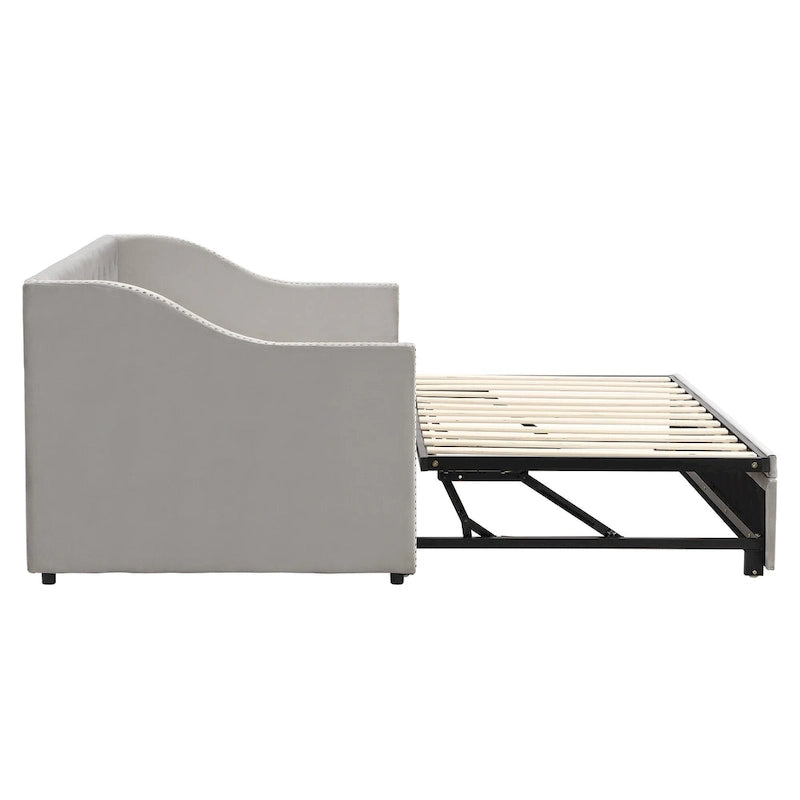 Lit de repos capitonné pour lit jumeau avec lit gigogne escamotable, gris