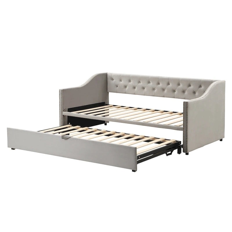 Lit de repos capitonné pour lit jumeau avec lit gigogne escamotable, gris