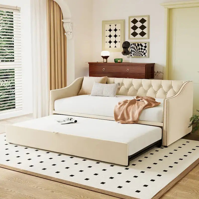 Lit de repos capitonné pour lit jumeau avec lit gigogne escamotable, gris