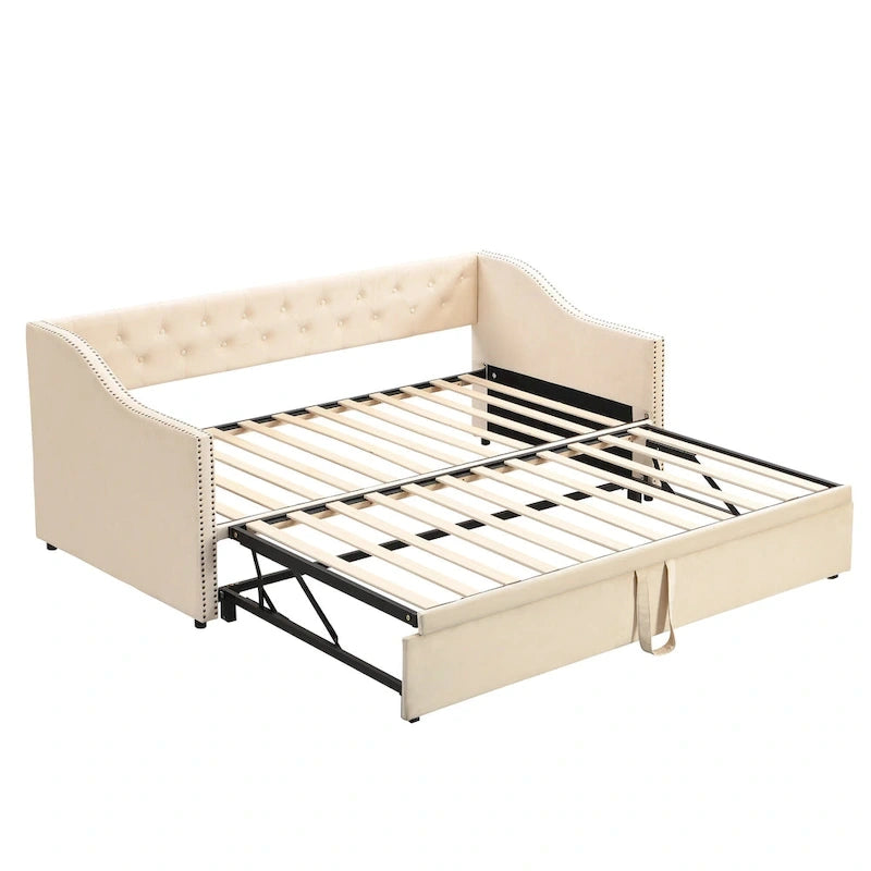 Lit de repos capitonné pour lit jumeau avec lit gigogne escamotable, gris