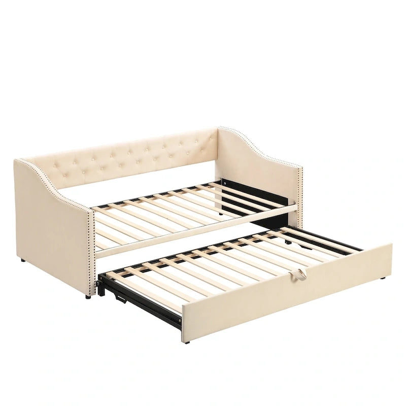 Lit de repos capitonné pour lit jumeau avec lit gigogne escamotable, gris