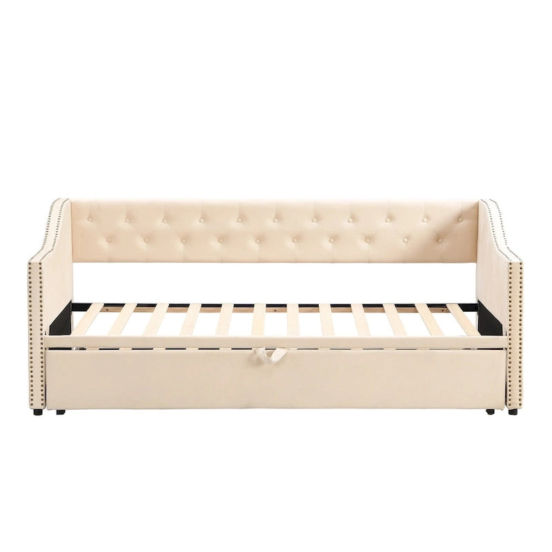 Lit de repos capitonné pour lit jumeau avec lit gigogne escamotable, gris