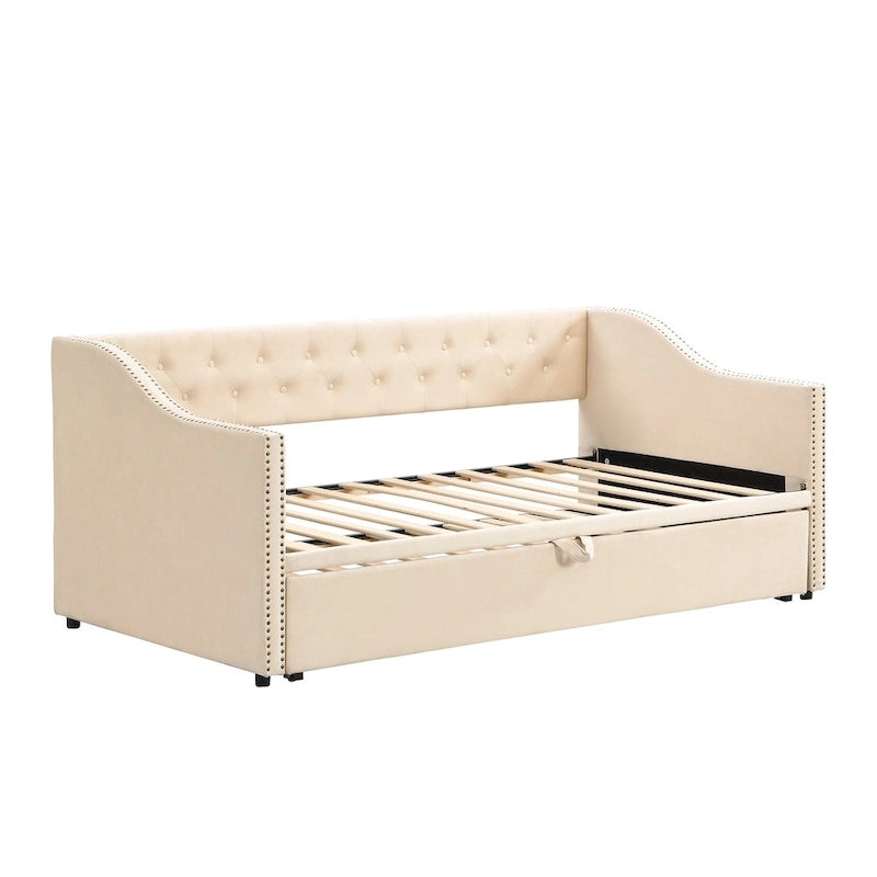 Lit de repos capitonné pour lit jumeau avec lit gigogne escamotable, gris