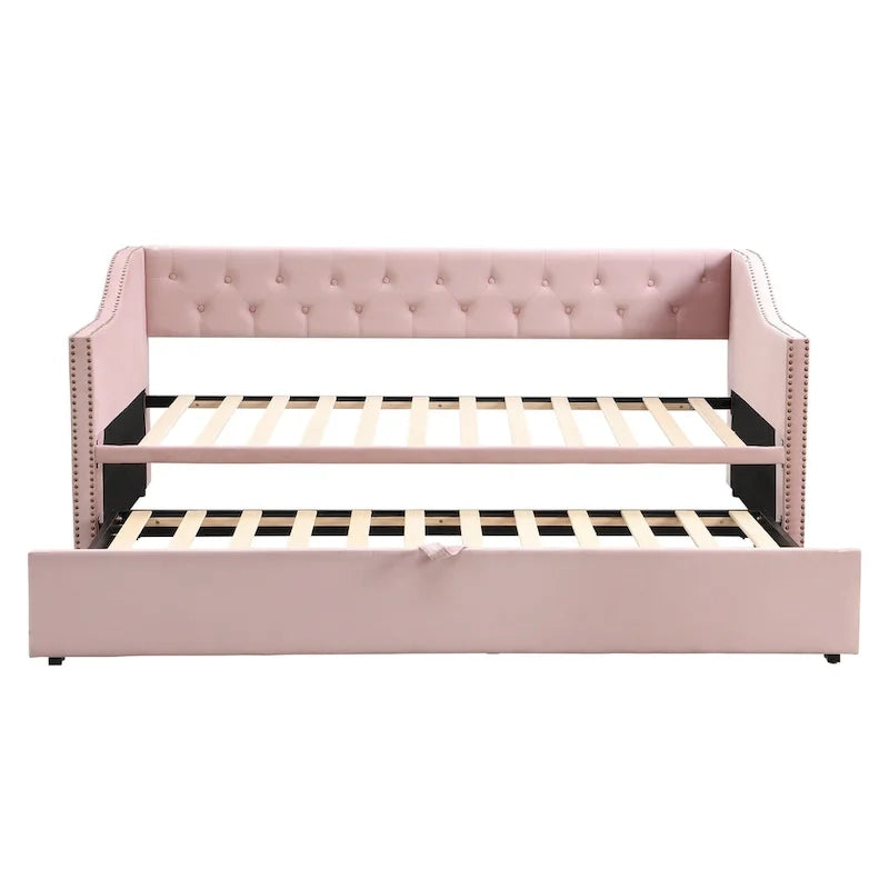 Lit de repos capitonné pour lit jumeau avec lit gigogne escamotable, gris