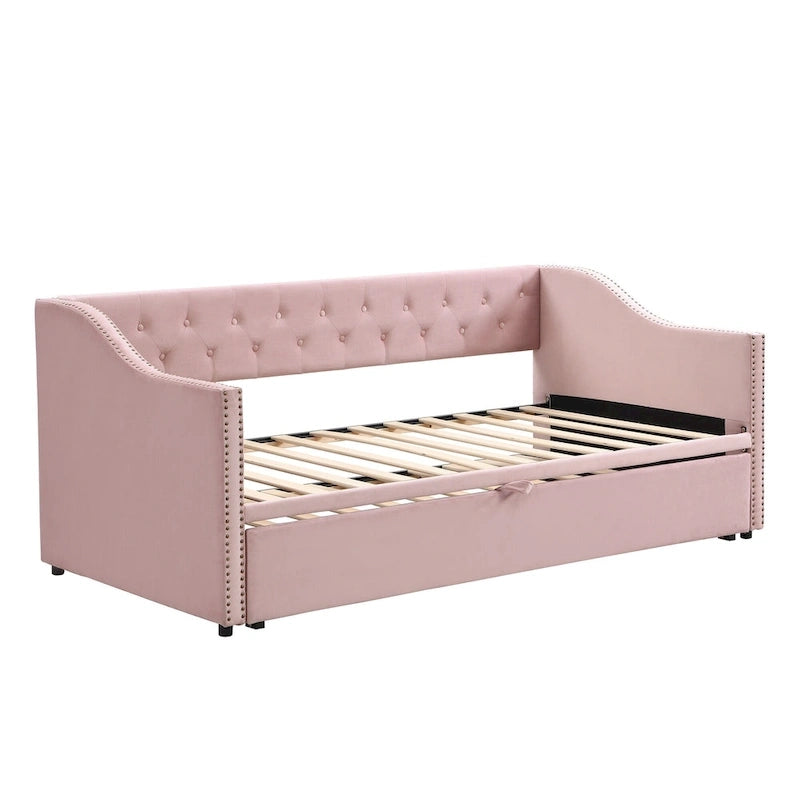 Lit de repos capitonné pour lit jumeau avec lit gigogne escamotable, gris