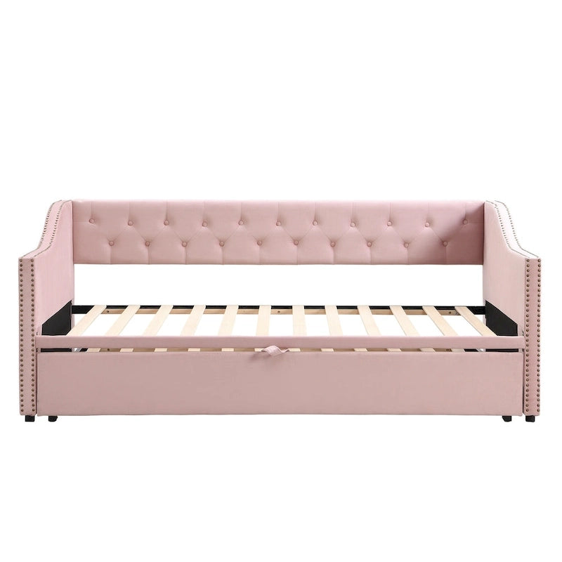 Lit de repos capitonné pour lit jumeau avec lit gigogne escamotable, gris