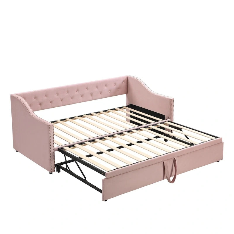 Lit de repos capitonné pour lit jumeau avec lit gigogne escamotable, gris