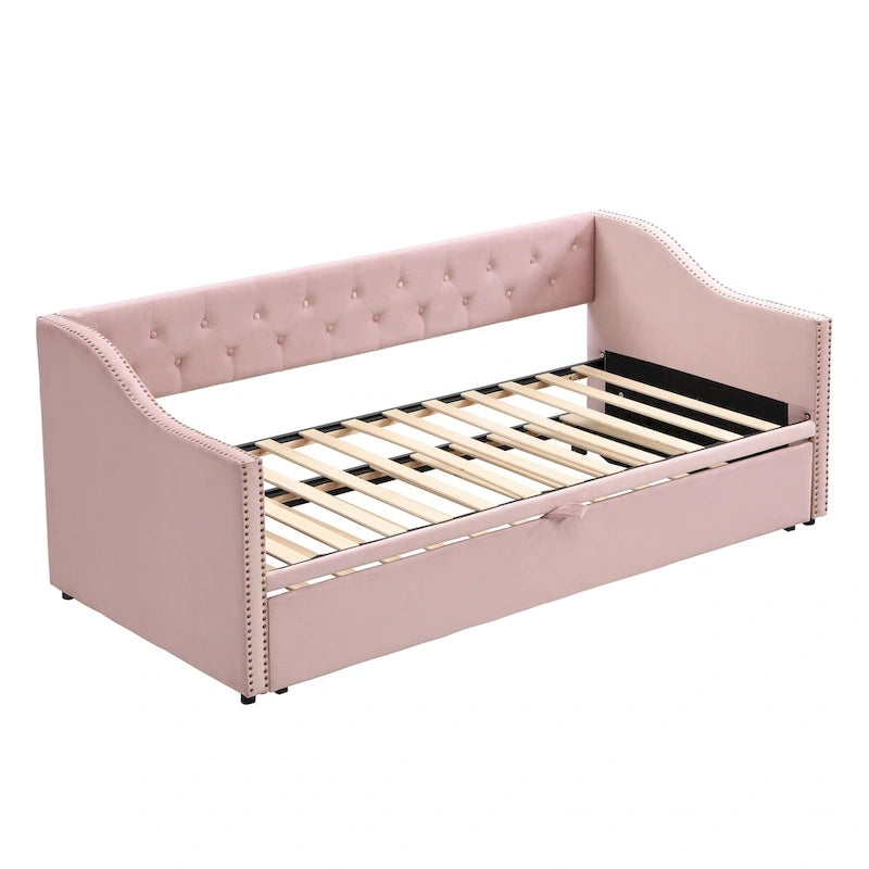 Lit de repos capitonné pour lit jumeau avec lit gigogne escamotable, gris